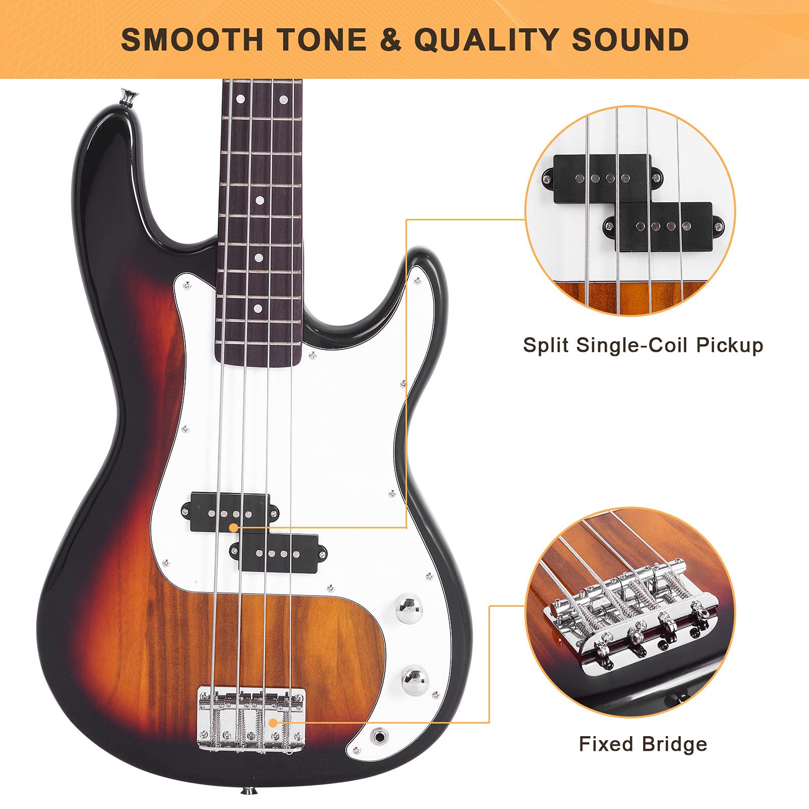 Glarry Electric Bass Guitar Full Size 4 String Rosewood Basswood Fire Style Exquisite Burning Bass (Sunset)